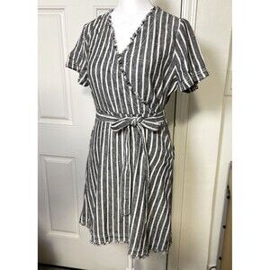 Susina Women's Dress Gray White Striped Frayed Trim Surplice Blend Linen Size SP